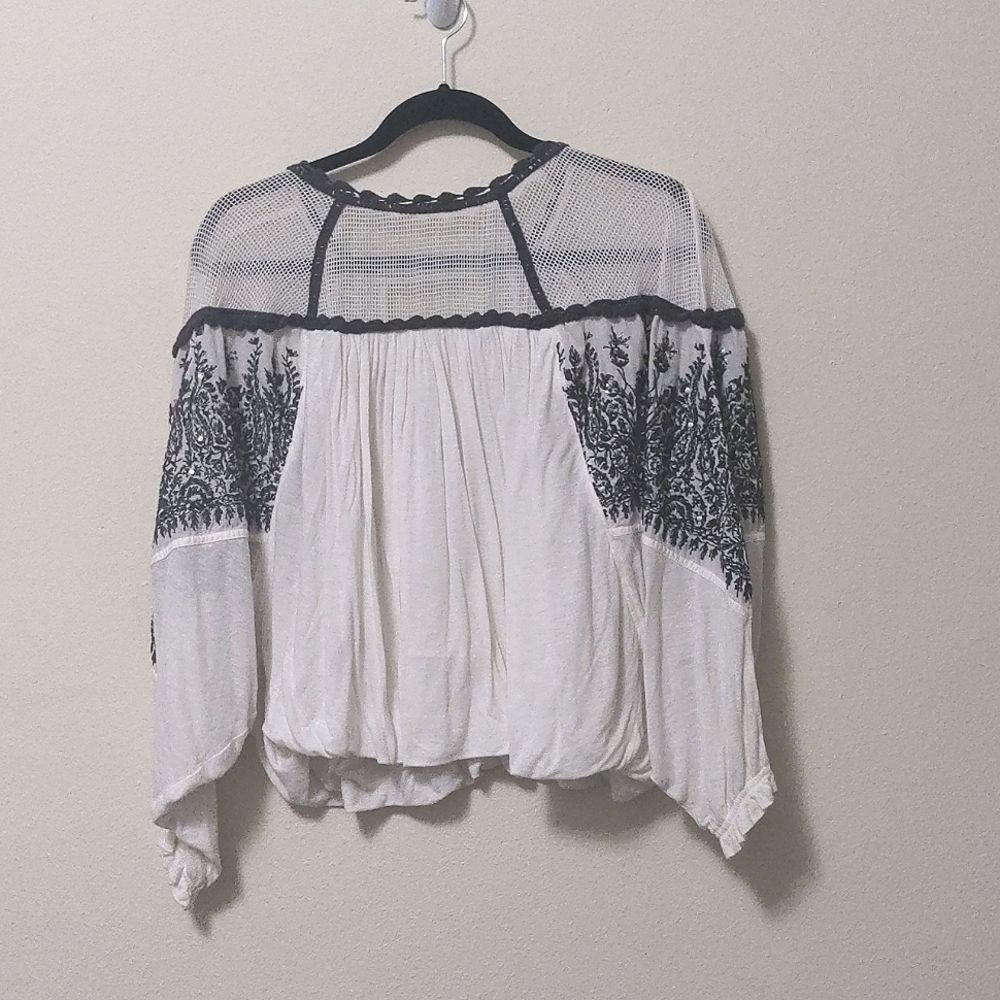 Free People Carly Embroidered Ivory and Black Top